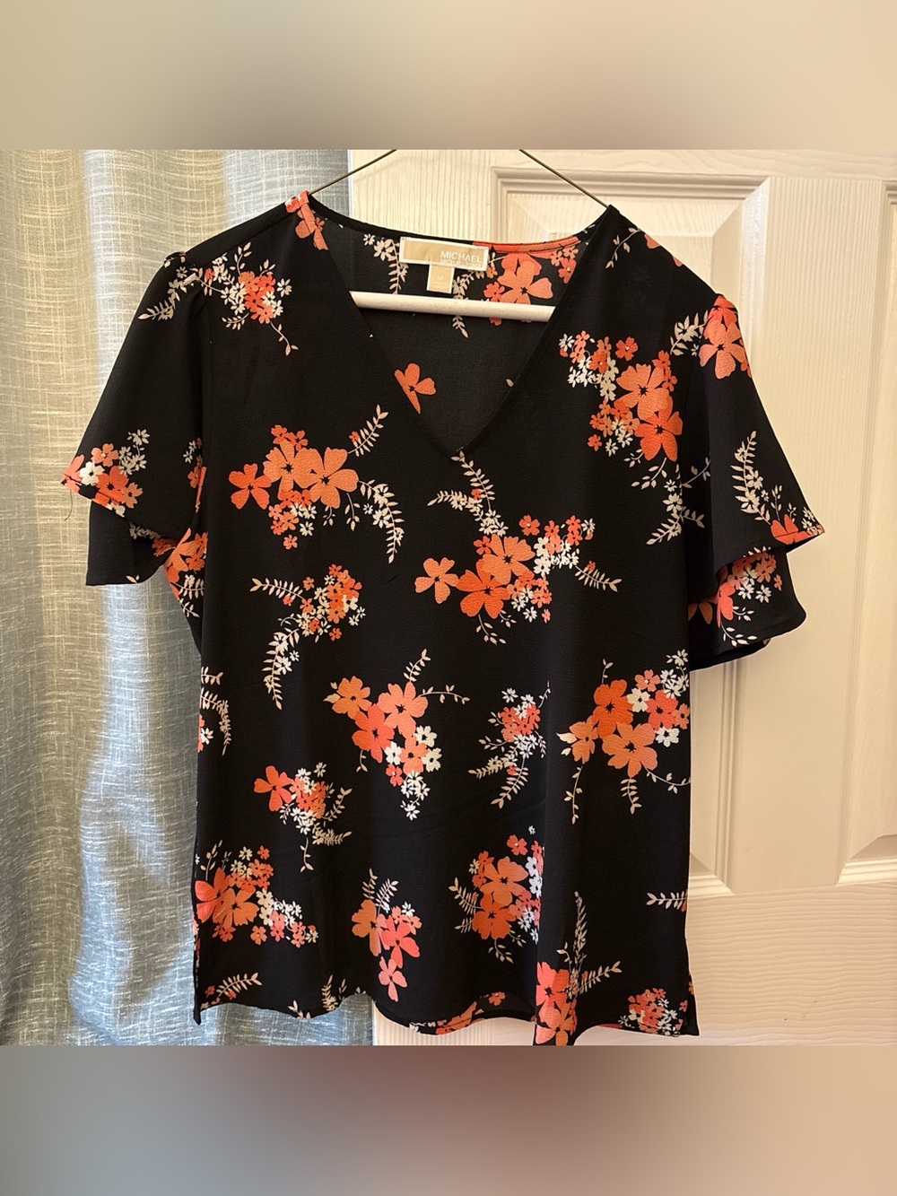 Michael Kors Black V-Neck Short-Sleeve Blouse with Coral Floral Print